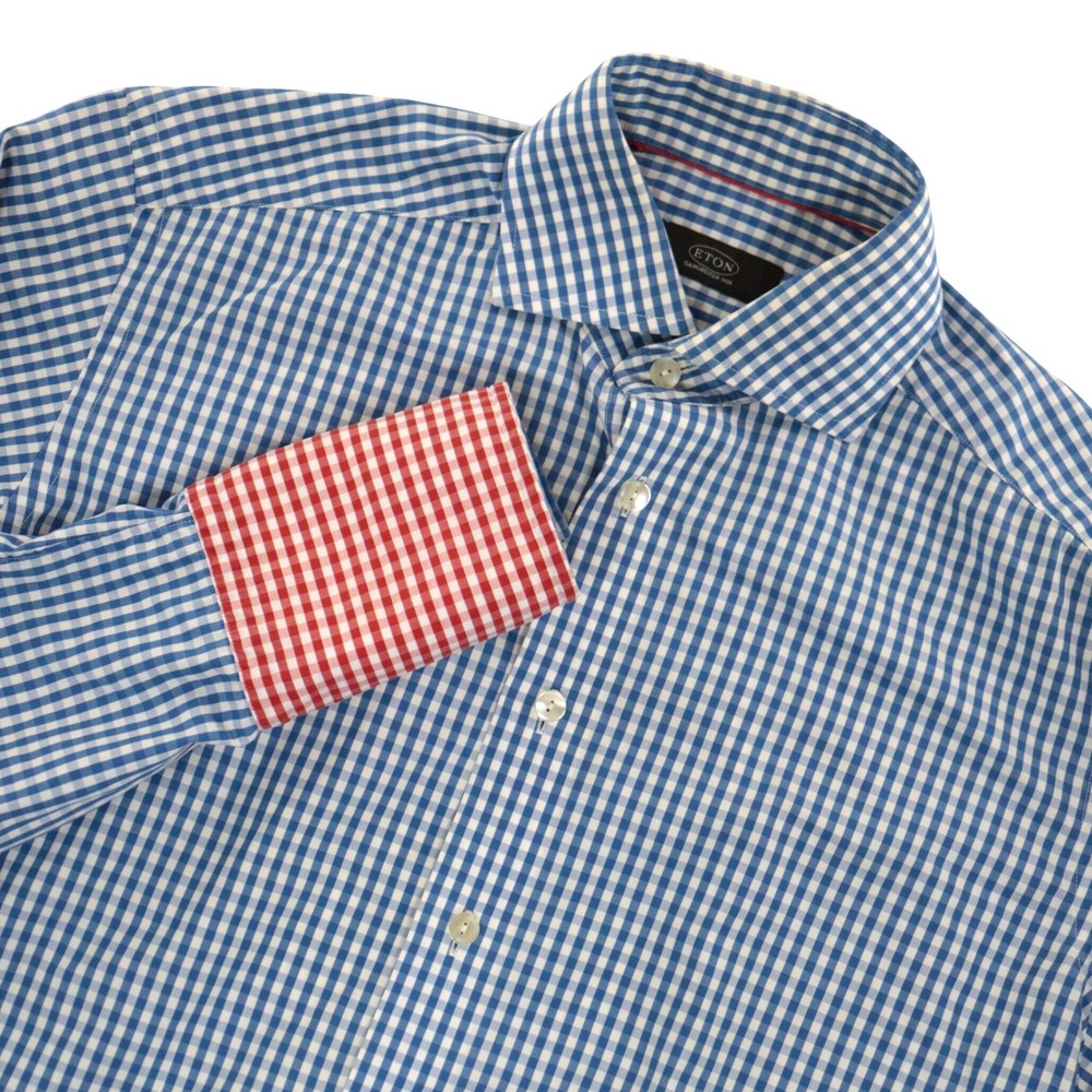 Eton Button Up Shirt Men 15.5 39 Gingham Check Contrast French Cuff Blue White